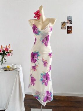 Jessica Ivory Asymmetrical Slip Dress with Purple & Teal Floral Print